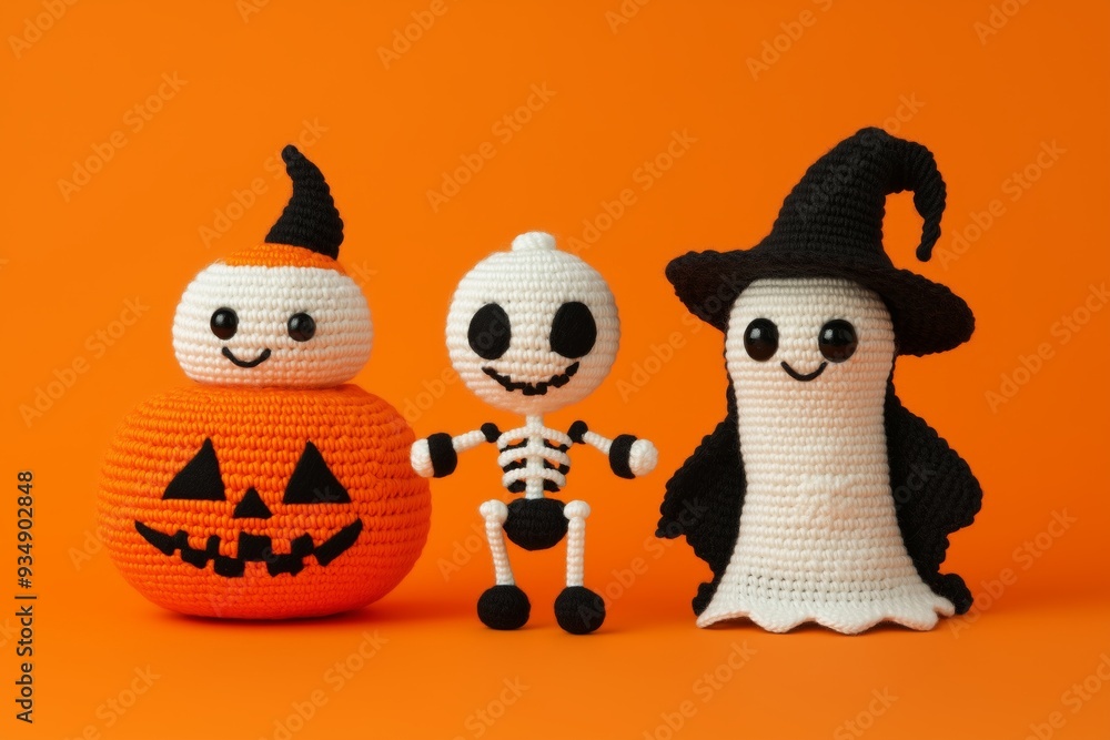 Obraz premium Cute Crochet Amigurumi Halloween Characters: a pumpkin, a ghost, and a skeleton