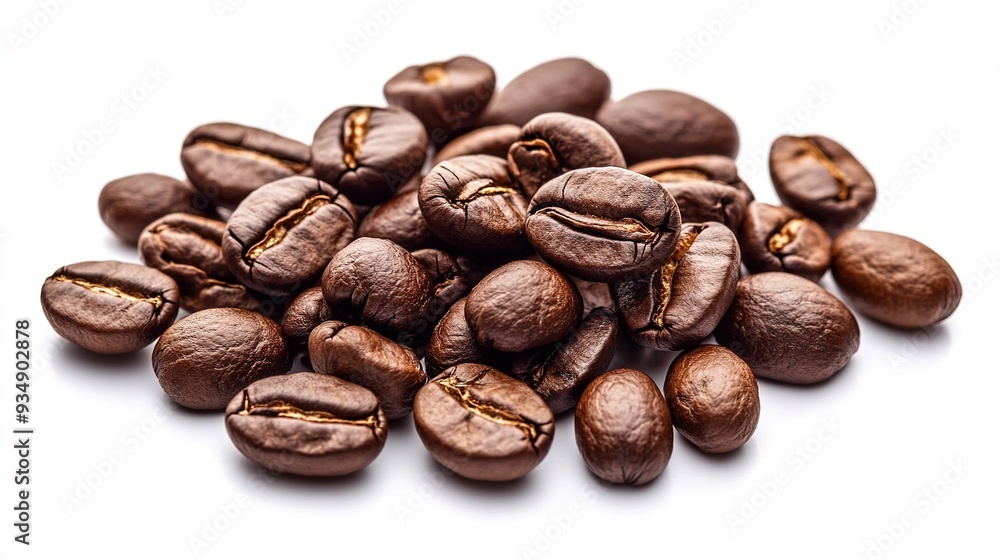 Aromatic Mountain of Flavor: Freshly Roasted Coffee Beans on White Aromatic Mountain of Flavor: Freshly Roasted Coffee Beans on White