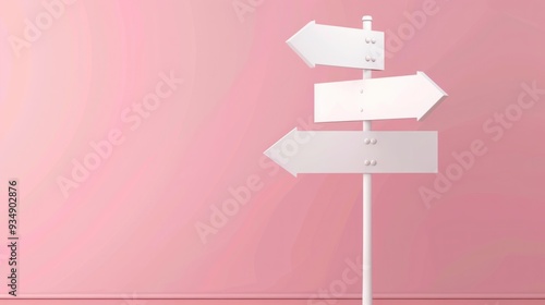 3D rendering of a white road sign with three arrows on a pink background