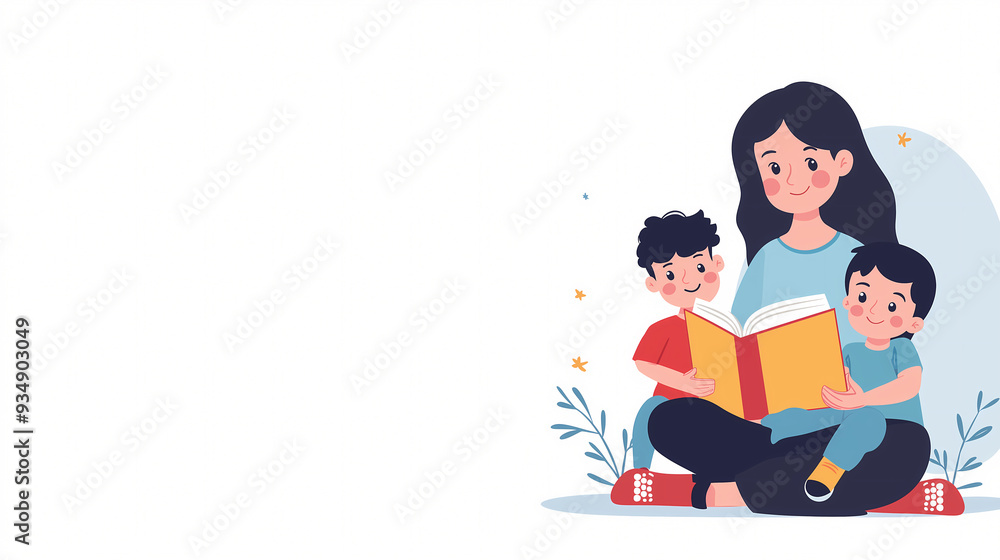 Illustration of a mother sitting with her two children, reading a storybook together, representing family bonding, education, and quality time.
Illustration of a mother sitting with her two children, reading a storybook together, representing family bonding, education, and quality time.