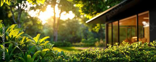 A serene view of a modern home nestled in lush greenery, illuminated by warm sunlight in the early evening.