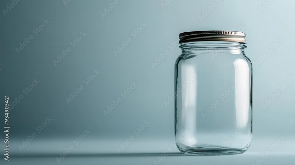 Minimalist image of an empty glass jar with a metal lid on a gradient blue background. Perfect for storage, canning, and DIY projects. Minimalist image of an empty glass jar with a metal lid on a gradient blue background. Perfect for storage, canning, and DIY projects.