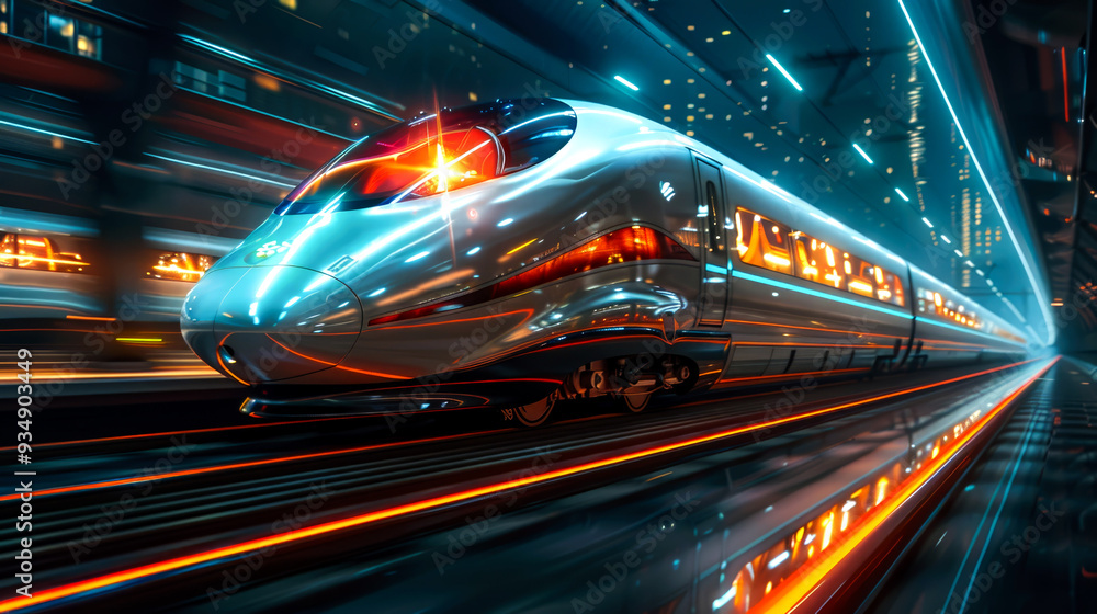 Futuristic High-Speed Train Travelling Through a Tunnel with Neon Lights Futuristic High-Speed Train Travelling Through a Tunnel with Neon Lights