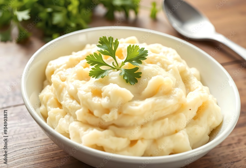 A bowl of creamy mashed potatoes garnished with a sprig of fresh parsley on a wooden surface A bowl of creamy mashed potatoes garnished with a sprig of fresh parsley on a wooden surface