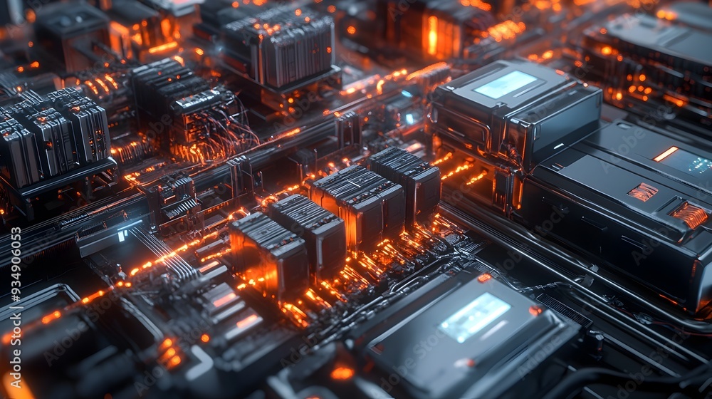 Futuristic energy storage facility with a complex network of advanced batteries and capacitors,sleek metallic structures,glowing energy conduits,and dynamic power distribution. Futuristic energy storage facility with a complex network of advanced batteries and capacitors,sleek metallic structures,glowing energy conduits,and dynamic power distribution.