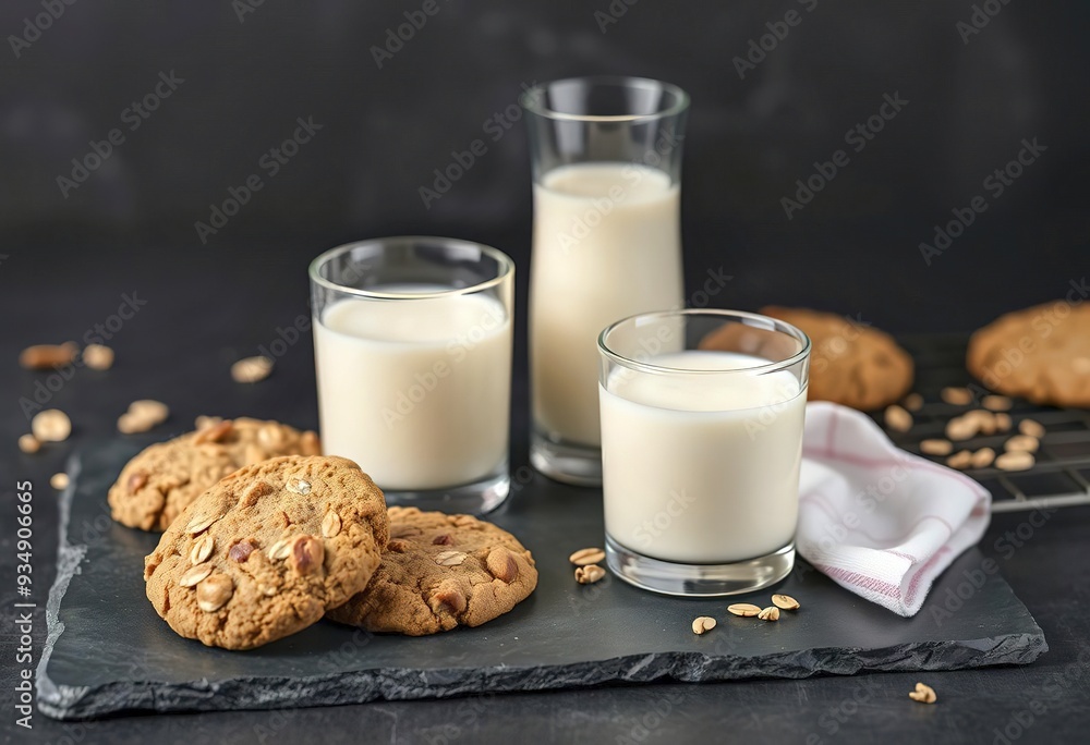 Oatmeal cookies with glasses of milk on a slate board Oatmeal cookies with glasses of milk on a slate board