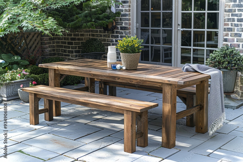 Fototapeta premium Eucalyptus Solid Wood Outdoor Dining Set with Bench and Slat Top Table