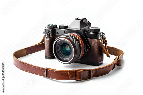 Vintage film camera with leather strap isolated on white background.