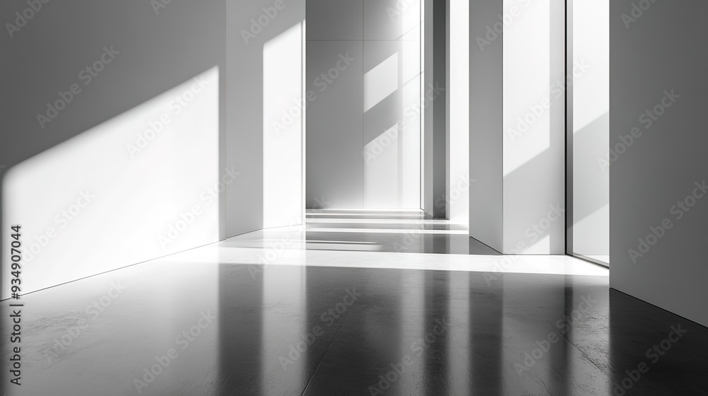 Black and white 3D room with natural shadows and crystal reflections, minimal and modern, copy space Black and white 3D room with natural shadows and crystal reflections, minimal and modern, copy space