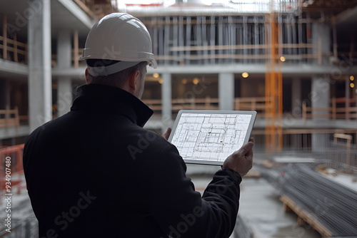 Confident Construction Worker in Hard Hat. Professional industrial workspace concept