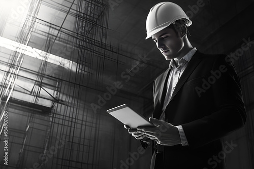 successful Construction Project - Confident Technician with Digital Tablet in a Construction Site. Modern Tools and Job Satisfaction