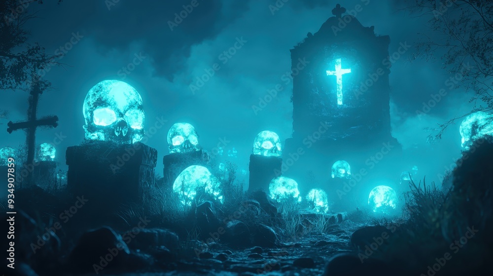Naklejka premium A graveyard with a cross and skulls