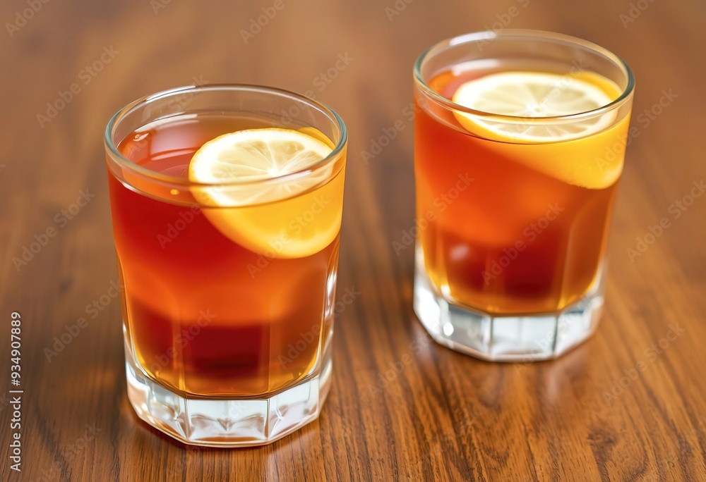Two glasses of amber-colored liquid with lemon slices, on a wooden surface Two glasses of amber-colored liquid with lemon slices, on a wooden surface