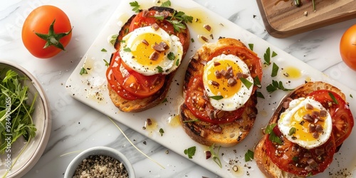 High Angle Perspective of Toasts with Tomato, Egg, and Anchovy on a Light Serving Tray