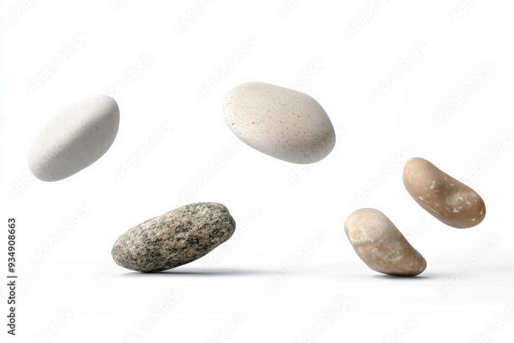 Various light-colored stones of different shapes and textures appear to float against a white background, creating a sense of calm and wonder in the viewer.