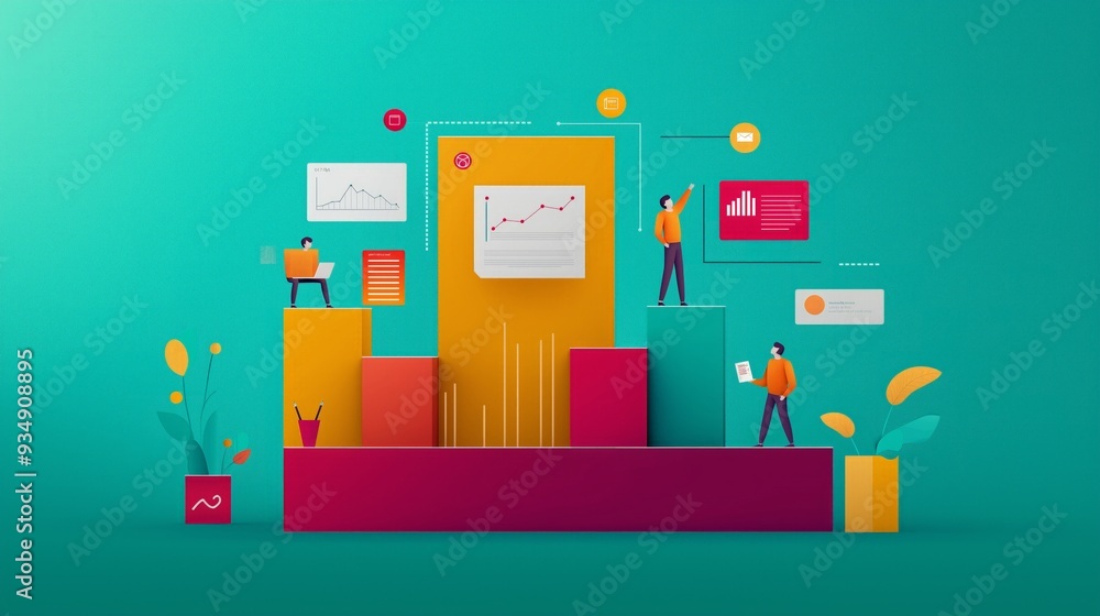 Naklejka premium Modern business illustration featuring charts, graphs, and people analyzing data on colorful blocks. Ideal for tech and finance concepts.