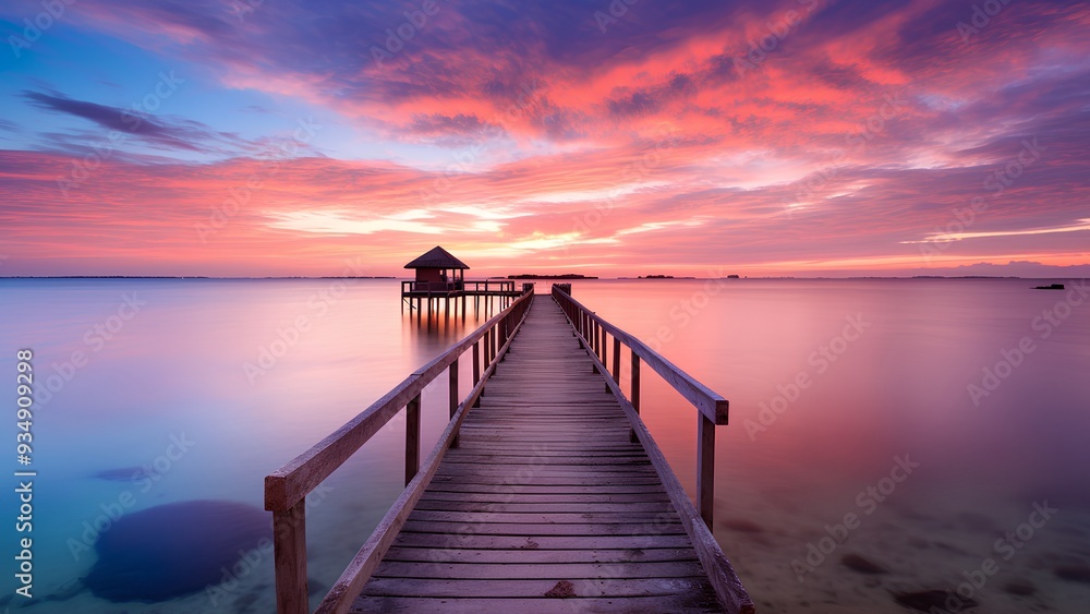 Stunning Sunset Over a Tranquil Pier at the Ocean Stunning Sunset Over a Tranquil Pier at the Ocean