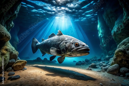 mysterious shadows surround ancient fossilized coelacanth in eerie underwater cave photo