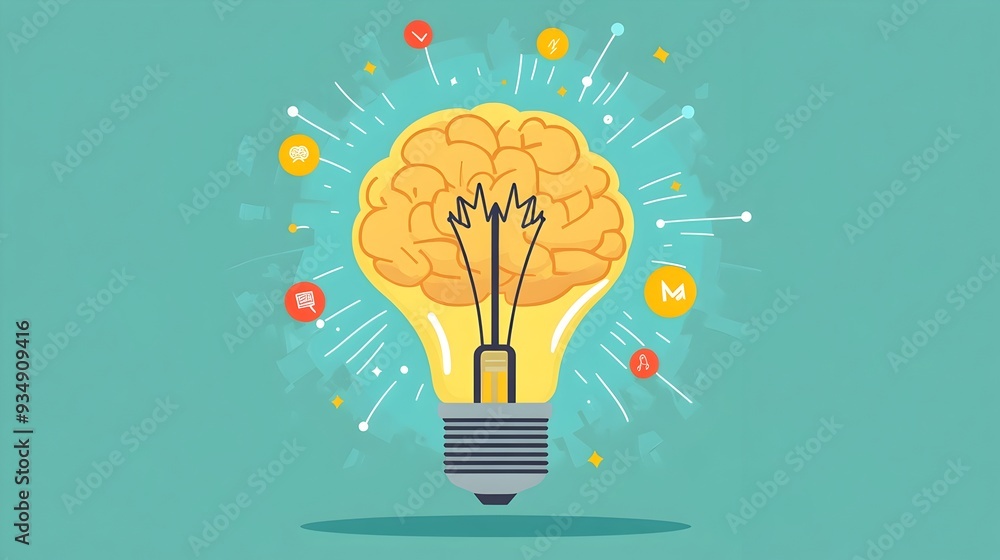 Glowing Yellow Brain Lightbulb Representing Innovative Idea and Creative Thinking Process Glowing Yellow Brain Lightbulb Representing Innovative Idea and Creative Thinking Process