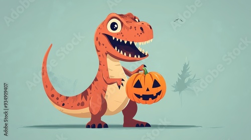 A cartoon dinosaur is holding a pumpkin and smiling photo