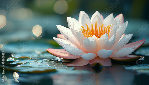 Lotus flower floating on tranquil pond, elegance reflected generated by AI