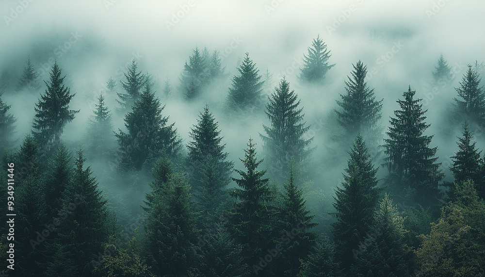 Mystery forest landscape, foggy mountain in autumn season generated by AI Mystery forest landscape, foggy mountain in autumn season generated by AI