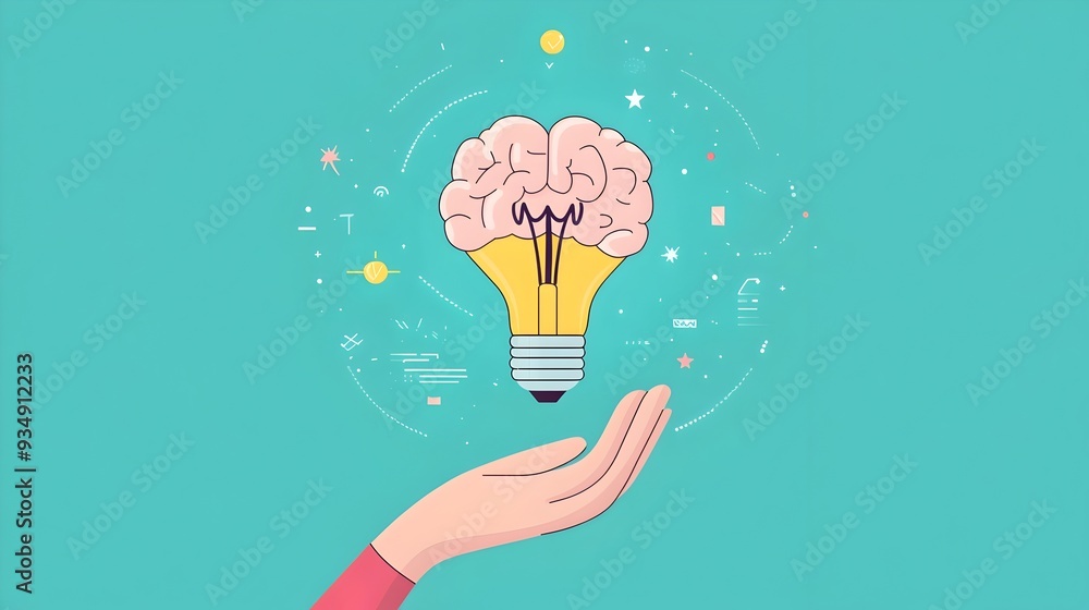 Illuminating Innovations:A Brain-Powered of Creativity and Discovery - An illustrated concept depicting a hand holding a glowing lightbulb,representing the spark of ideas,innovative thinking.