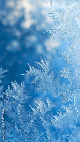 Vertical background of frozen glass with elegant, gentle frosty pattern, space for text