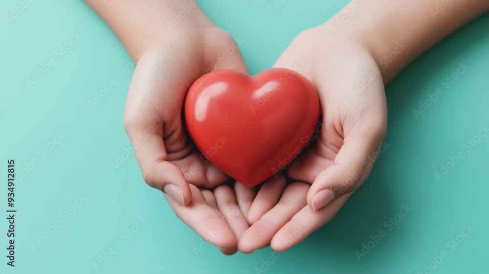 Two hands gently cradling a shiny red heart against a soft teal background during a moment of compassion or care. Two hands gently cradling a shiny red heart against a soft teal background during a moment of compassion or care.