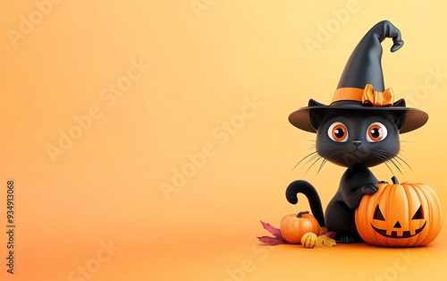 A cute black cat wearing a witch hat, sitting beside a carved pumpkin on an orange background, perfect for Halloween themes.