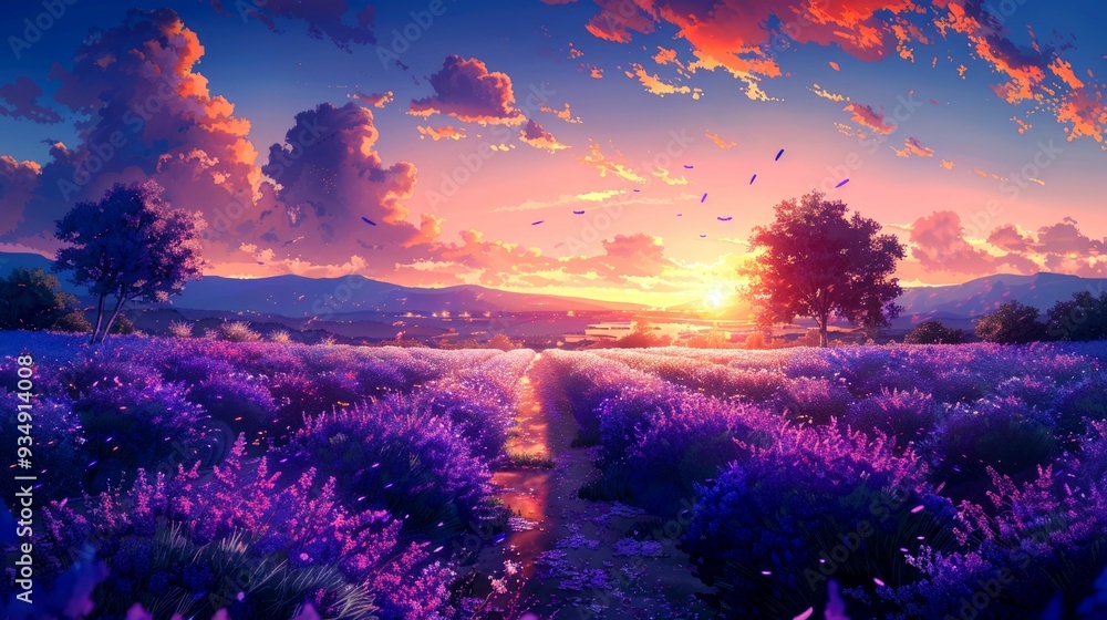 Sunset over a Field of Purple Flowers with a Single Tree in the Foreground Sunset over a Field of Purple Flowers with a Single Tree in the Foreground