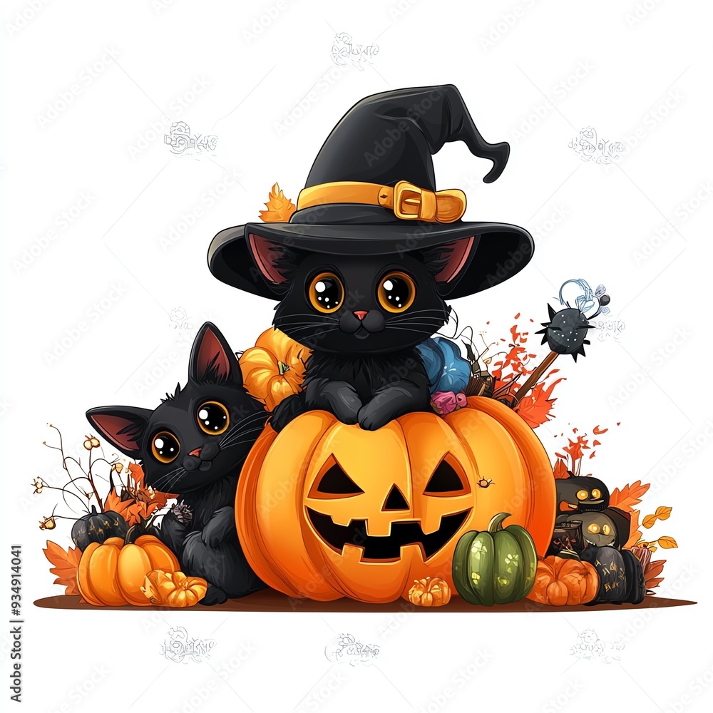 Cute black cats in witch hats surrounded by pumpkins and Halloween decorations, perfect for festive designs and autumn themes. Cute black cats in witch hats surrounded by pumpkins and Halloween decorations, perfect for festive designs and autumn themes.