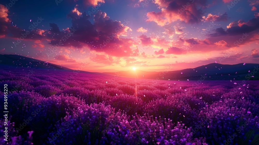 Sunset Over a Field of Lavender Flowers with Falling Petals Sunset Over a Field of Lavender Flowers with Falling Petals