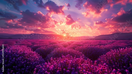 Lavender Field at Sunset with Sparkling Particles