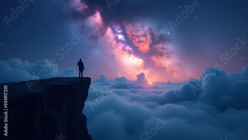 Show a silhouette on a cliff stargazing at a vibrant galaxy photo