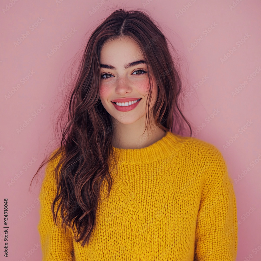 Fototapeta premium Smiling young brunette woman girl in yellow sweater