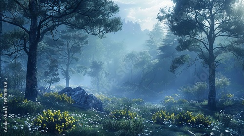 Fototapeta Naklejka Na Ścianę i Meble -  Enchanted forest with misty morning light, breathtaking natural wonder scenery, serene and mystical