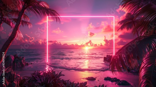 A creative 3D illustration of a neon frame outlining a tropical beach sunset, highlighting the beauty of the natural surroundings. Concept: frame, neon, colorful, tropics, surrounding.