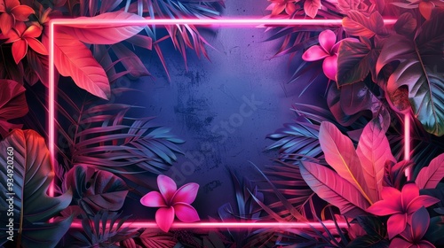 An abstract illustration of a neon frame with tropical elements like flowers and leaves, adding a colorful and lively touch to the design.