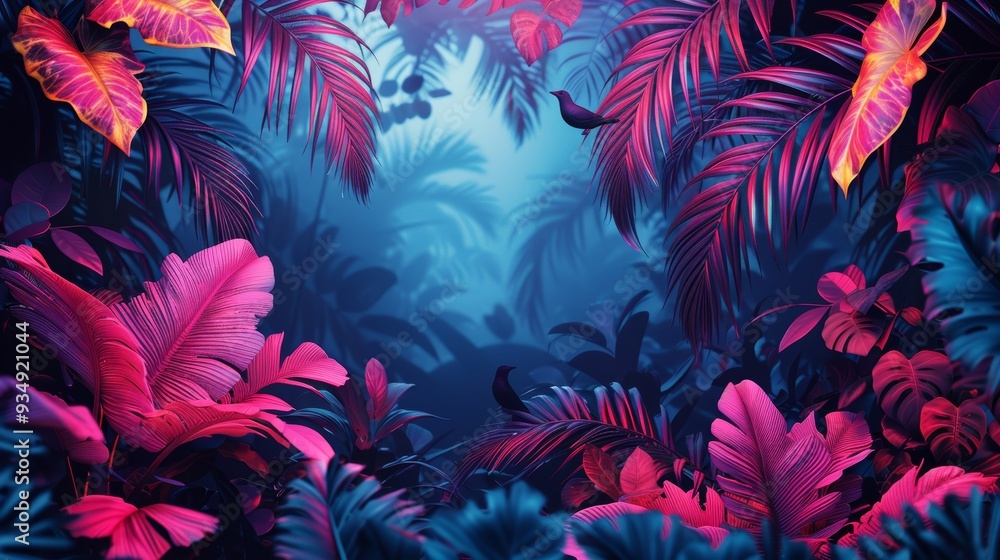 An artistic 3D illustration of a neon frame in the shape of tropical leaves, framing a jungle background with colorful birds and wildlife. The neon lights create a striking contrast against the An artistic 3D illustration of a neon frame in the shape of tropical leaves, framing a jungle background with colorful birds and wildlife. The neon lights create a striking contrast against the