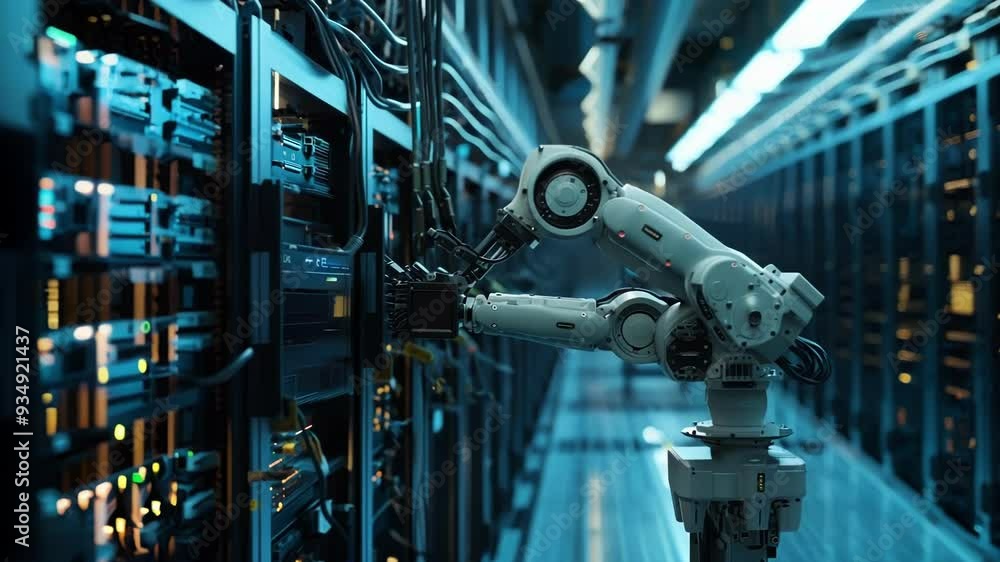 Robotic arm is connecting a server to a rack in a data center, symbolizing the automation of it infrastructure management Robotic arm is connecting a server to a rack in a data center, symbolizing the automation of it infrastructure management
