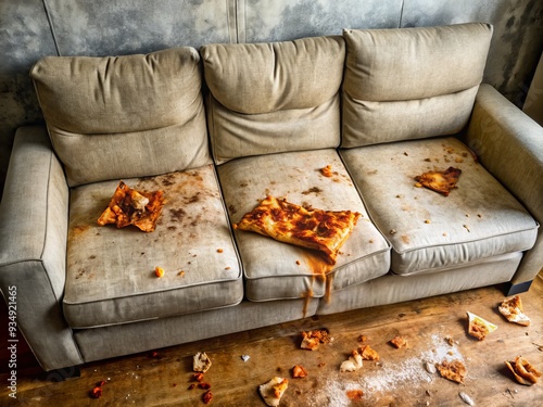 A dusty, crumb-strewn haven where pizza dinners have piled up for days, surrounded by soda rings and worn upholstery, a symbol of neglect and disarray. photo