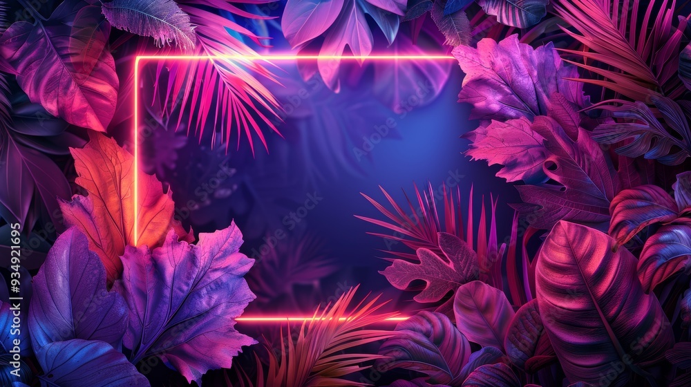 A whimsical illustration featuring a neon frame with botanical elements arranged in a playful and creative way. The neon effect adds a sense of fun and whimsy to the design, making it perfect for A whimsical illustration featuring a neon frame with botanical elements arranged in a playful and creative way. The neon effect adds a sense of fun and whimsy to the design, making it perfect for