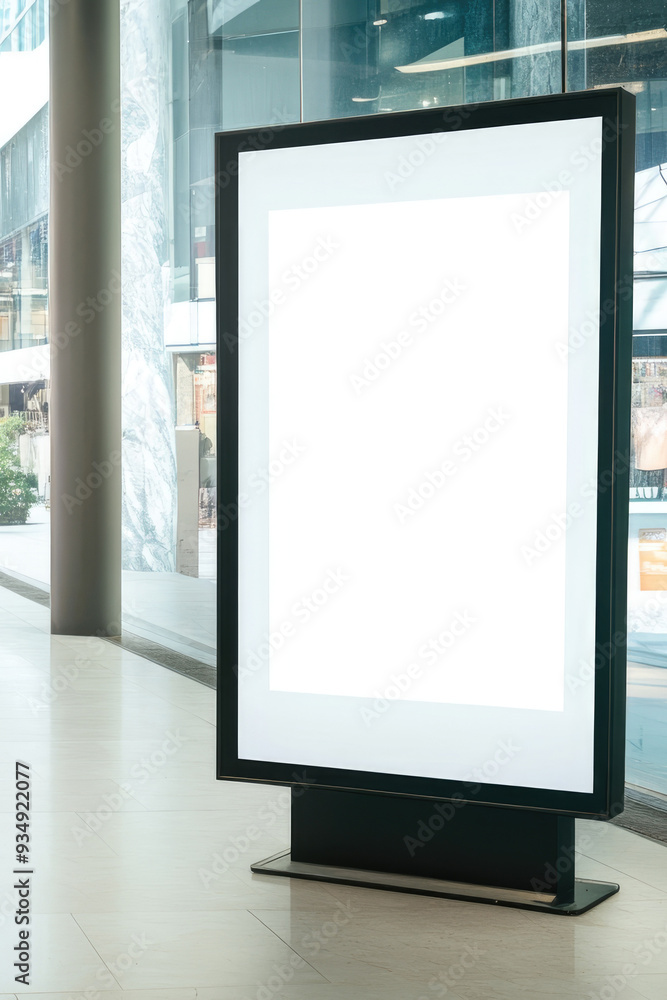 Fototapeta premium A blank advertising poster mockup is positioned in a contemporary shopping center, showcasing a minimalist design for promotional purposes