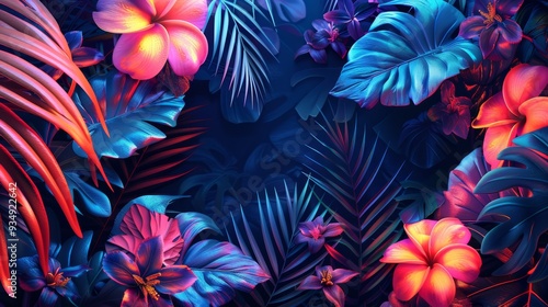A vibrant tropical frame illustration, featuring neon glowing palm leaves and exotic flowers, perfect for adding a tropical touch to designs.