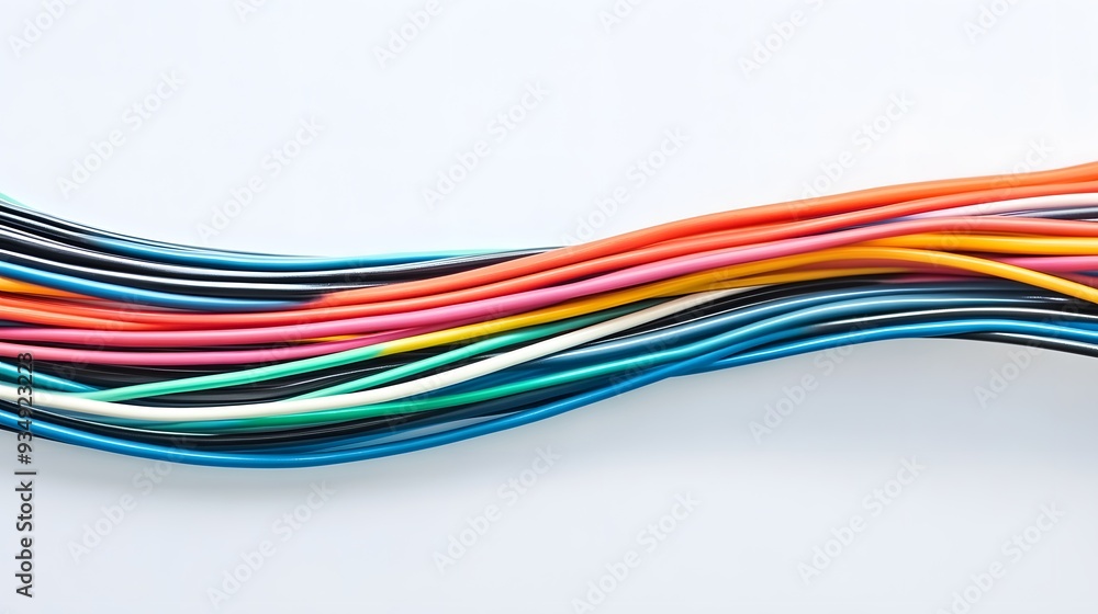 A vibrant mix of wires in various colors is neatly arranged on a plain white background, highlighting their smooth textures and diverse shades A vibrant mix of wires in various colors is neatly arranged on a plain white background, highlighting their smooth textures and diverse shades