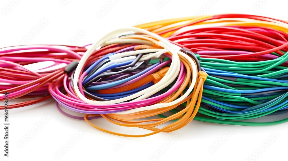 A vibrant assortment of tangled wires sprawls across a white surface, showcasing an array of colors in a chaotic yet intriguing display A vibrant assortment of tangled wires sprawls across a white surface, showcasing an array of colors in a chaotic yet intriguing display
