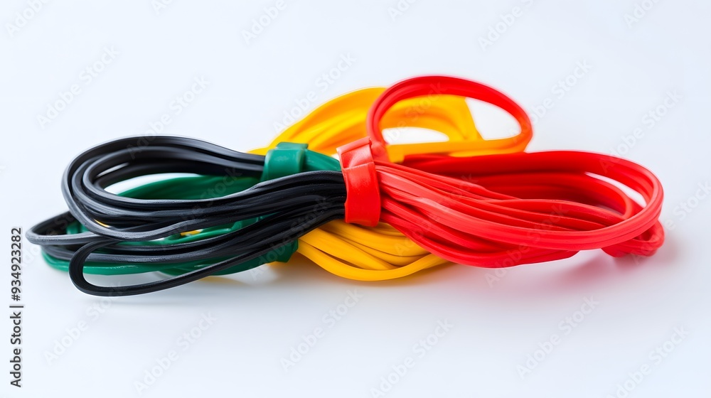 Various rubber bands in vibrant colors are intertwined, creating a chaotic yet visually appealing arrangement against a white background Various rubber bands in vibrant colors are intertwined, creating a chaotic yet visually appealing arrangement against a white background