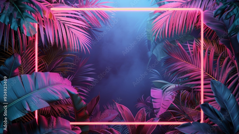 A contemporary illustration with a bright neon frame, showcasing a majestic palm tree amidst verdant foliage. A contemporary illustration with a bright neon frame, showcasing a majestic palm tree amidst verdant foliage.