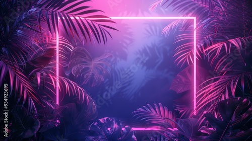 A neon frame surrounds a tropical paradise, with vibrant palm leaves adding a splash of color and energy to the scene.